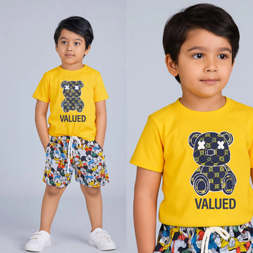 YELLOW VALUED PRINT WITH SHORTS COTTON JERSY FABRIC BABA SUIT